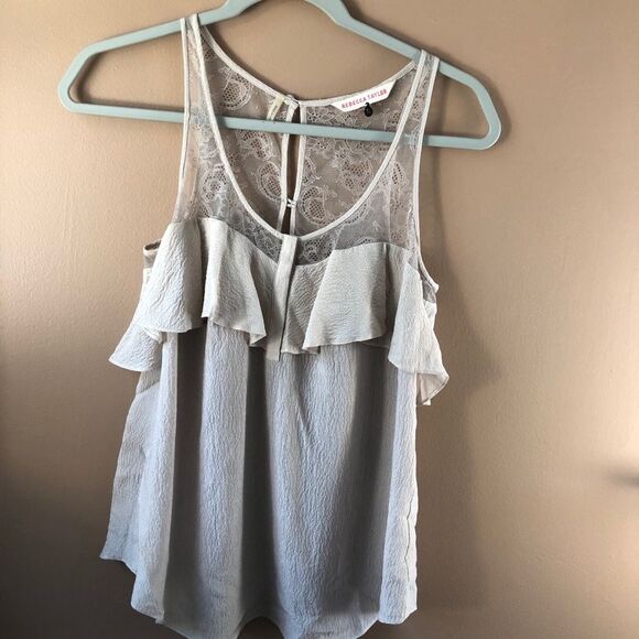 REBECCA TAYLOR WOMENS 2 BEIGE TAN SILK LACE RUFFLE CAMI TANK BLOUSE - Picture 1 of 11